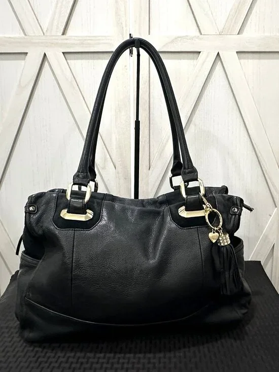 B. Makowsky Y2K Black Pebbled Leather Satchel Shoulder Bag Leopard Lining - Picture 1 of 9